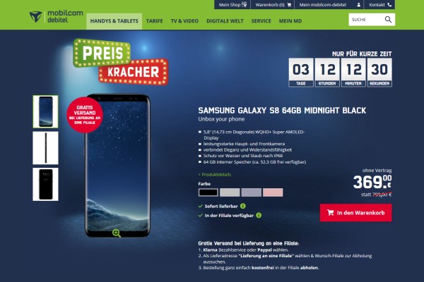mobilcom-debitel: Samsung Galaxy S8 zum Aktionspreis von 369,- Euro