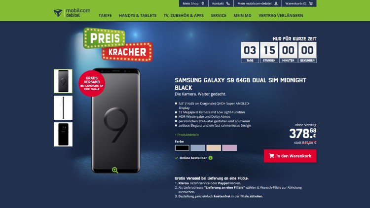 Samsung Galaxy S9 für 378,68 Euro bei mobilcom-debitel