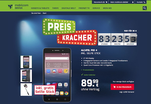 mobilcom-debitel Preiskracher: Alcatel Pixi 4 (6-Zoll) für 89,99 Euro