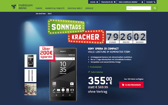 mobilcom-debitel Sonntagskracher am 28.08.2016: Sony Xperia Z5 für 355,- Euro