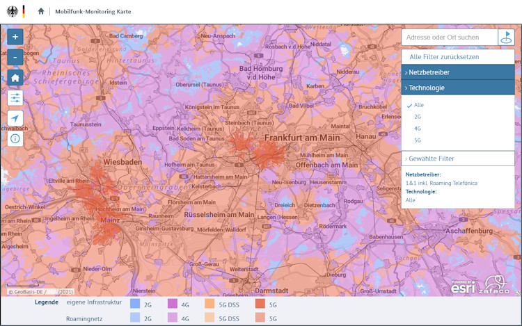 Mobilfunk-Monitoring-Karte (Ausschnitt) aus dem Gigabit-Grundbuch. Dunkel-Orange ist 5G-Netz von 1&1 erkennbar (Karte: Bundesnetzagentur ; Screenshot: tarif4you.de) Mobilfunk-Monitoring-Karte (Ausschnitt) aus dem Gigabit-Grundbuch