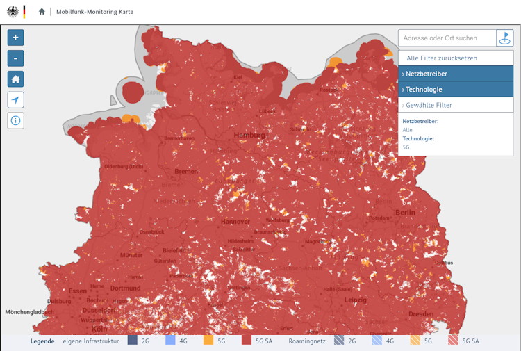 Mobilfunk-Monitoring-Karte (Ausschnitt) aus dem Gigabit-Grundbuch mit 5G SA Netz