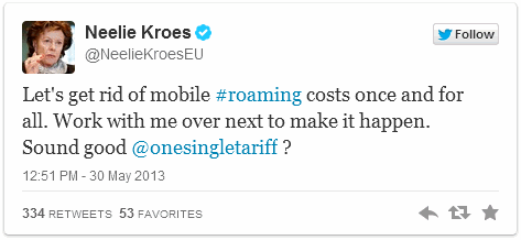 Tweet von Neelie Kroes zu Roaming-Gebühren