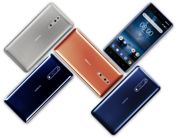 Nokia 8 Smartphone in verschiedenen Farben