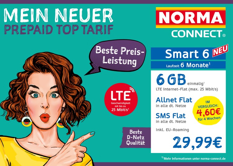 NORMA Connect Smart 6 Tarif mit 6 GB Datenvolumen und Allnet-Flat zum Telefonieren und für SMS für 29,99 Euro