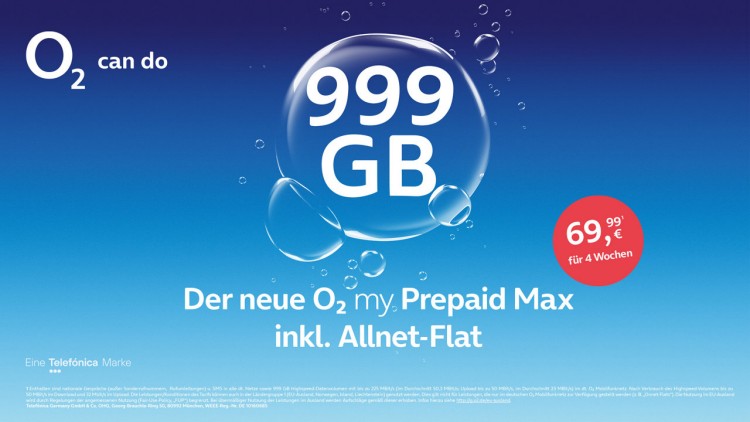 O2 my Prepaid Max Tarif mit 999 GB für 69,99 Euro pro 4 Wochen