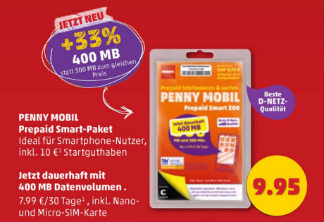 Penny Mobil Prepaid Smart-Paket mit 400 MB