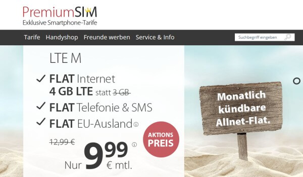PremiumSIM LTE M Tarif für 9,99 Euro/Monat
