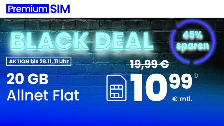 Black Deals bei PremiumSIM: Allnet-Flat mit 20 GB für nur 10,99 Euro monatlich