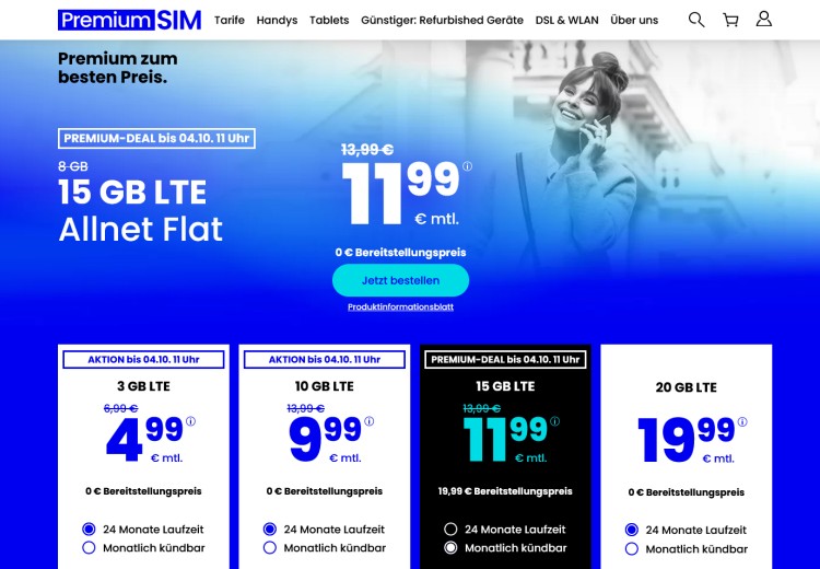 PremiumSIM Aktion: LTE-Tarif mit 15 GB für 11,99 Euro pro Monat