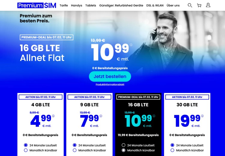 PremiumSIM Aktion: LTE-Tarif mit 16 GB für 10,99 Euro pro Monat