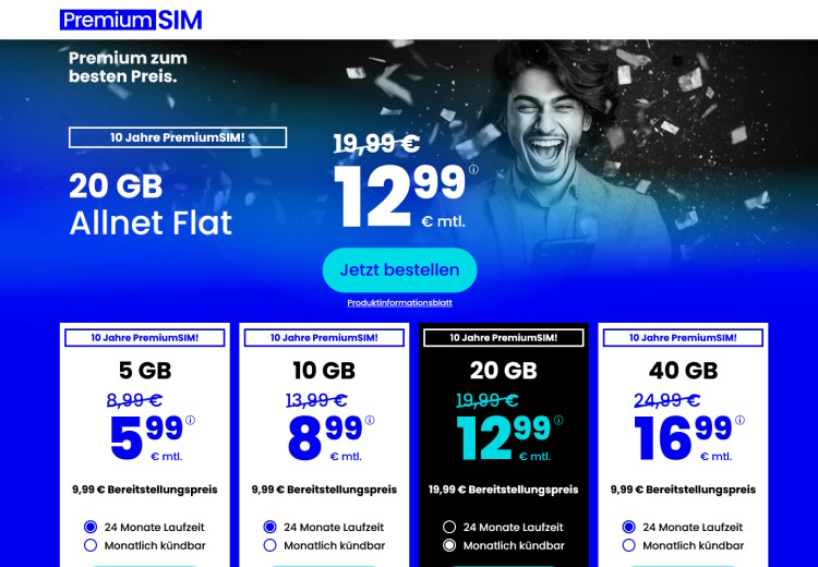 PremiumSIM LTE All Tarif mit 20 GB für 12,99 Euro