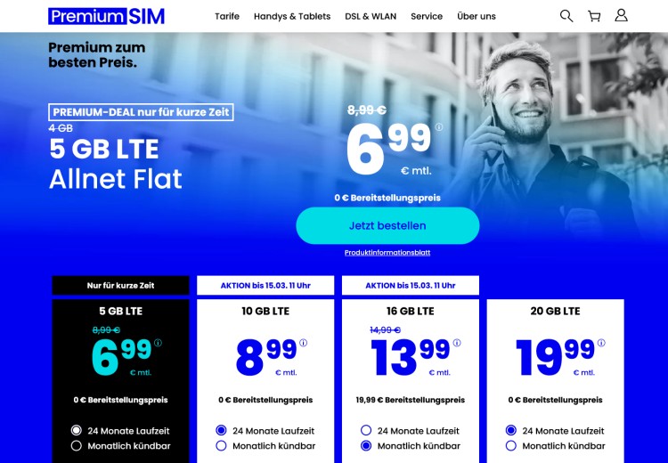 PremiumSIM LTE 16 GB für 13,99 Euro und weitere Aktionstarife