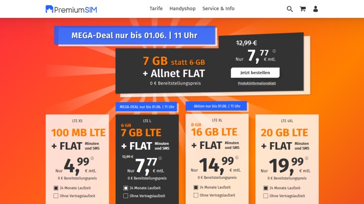 PremiumSIM: 7 GB LTE All Net für 7,77 Euro