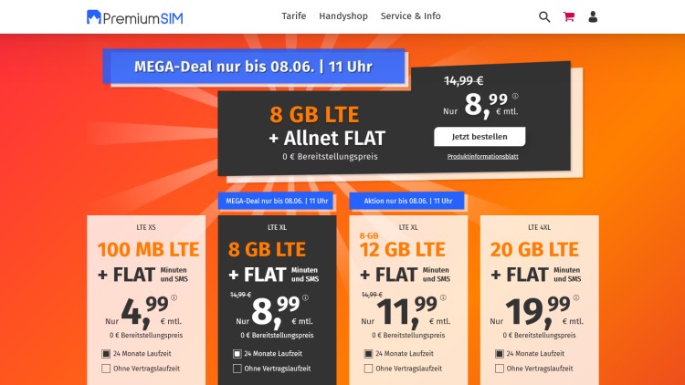 PremiumSIM: 8 GB LTE All Net für 8,99 Euro