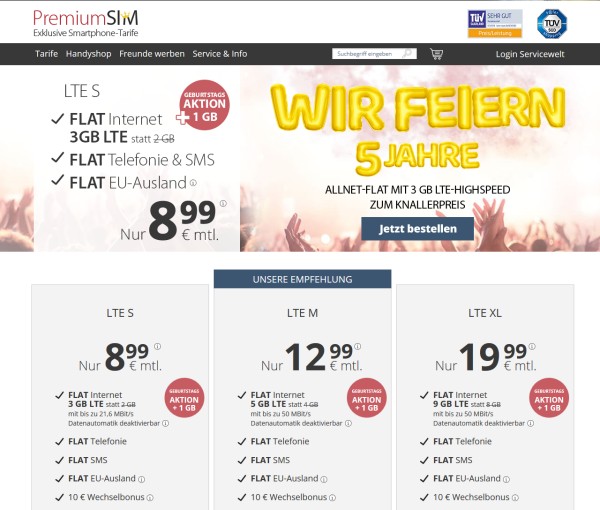 PremiumSIM: 1 GB Extra-Datenvolumen (Screenshot: premiumsim.de) PremiumSIM: LTE-Tasrife mit 1 GB Extra-Datenvolumen