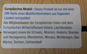 Aufkleber mit Hinweis auf regionale Begrenzung bei Samsung Smartphones in Deutsch