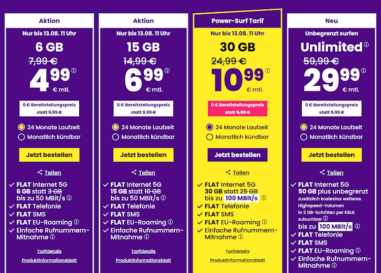 sim24 Mobilfunktarife - Aktion bis 13.08.2024 11 Uhr (Screenshot: sim24.de) sim24 Mobilfunktarife - Aktion bis 13.08.2024 11 Uhr