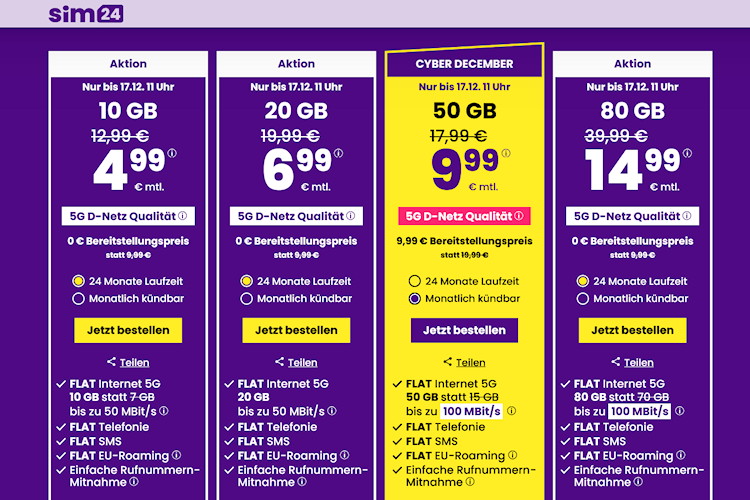 sim24 Aktionstarife bis 17.12.2024 11 Uhr (Screenshot: sim24.de) sim24 Aktionstarife bis 17.12.2024 11 Uhr
