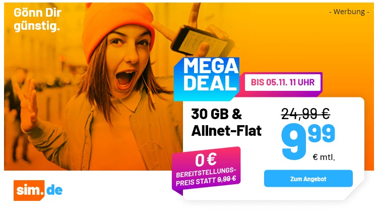 sim.de Allnet Flat 30 GB für 9,99 Euro (Bild: sim.de) sim.de Allnet Flat 30 GB für 9,99 Euro