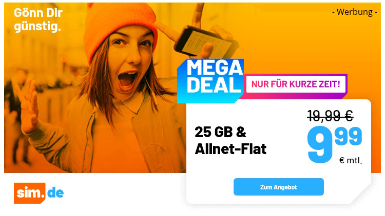 sim.de Allnet Flat 20 + 5 GB für 9,99 Euro