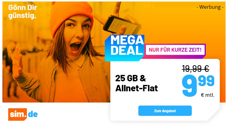 sim.de Allnet Flat 20 + 5 GB für 9,99 Euro (Bild: sim.de) sim.de Allnet Flat 20 + 5 GB für 9,99 Euro