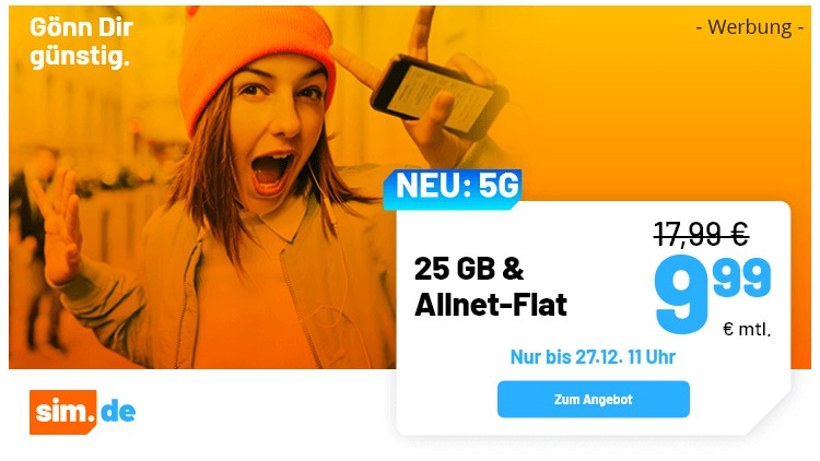 sim.de Allnet Flat 15 + 10 GB für 9,99 Euro