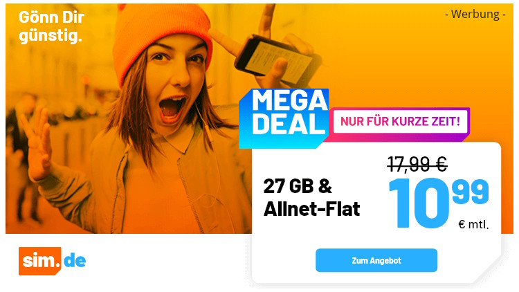 sim.de Allnet Flat 15 + 12 GB für 10,99 Euro (Bild: sim.de) sim.de Allnet Flat 15 + 12 GB für 10,99 Euro