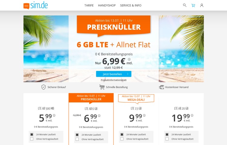 sim.de: Smartphone-Tarif mit 15 GB Datenvolumen für 9,99 Euro