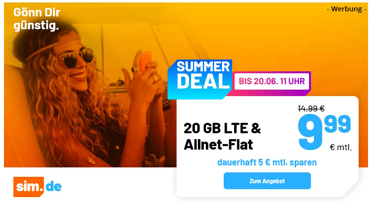sim.de LTE All Tarif mit 20 GB für 9,99 Euro