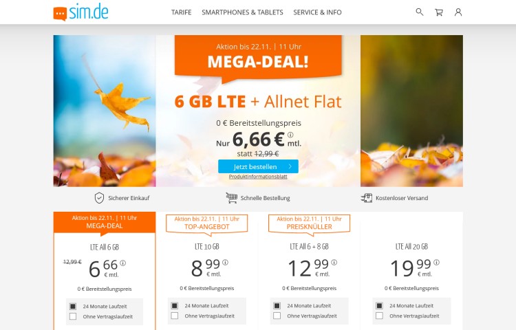 sim.de: LTE-All 6 GB Tarif für 6,66 Euro