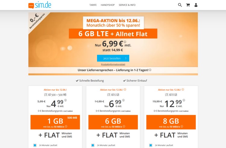 LTE 6GB Tarif für 6,99 Euro (Screenshot: sim.de) sim.de LTE 6GB Tarif für 6,99 Euro