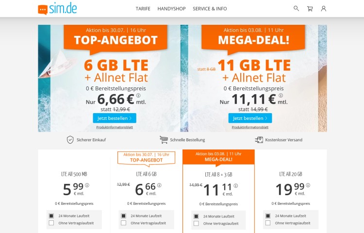 sim.de: Allnet-Flat mit 11 GB LTE Datenvolumen für 11,11 Euro