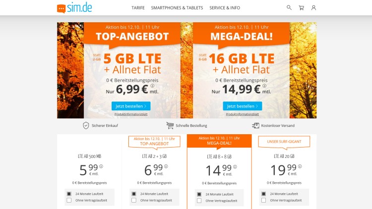 sim.de: 16 GB Allnet-Flat für 14,99 Euro