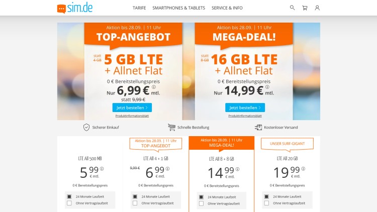 sim.de: 16 GB Allnet-Flat für 14,99 Euro