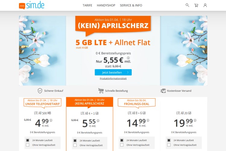 sim.de: Allnet Flat mit 5 GB Datenvolumen für 5,55 Euro