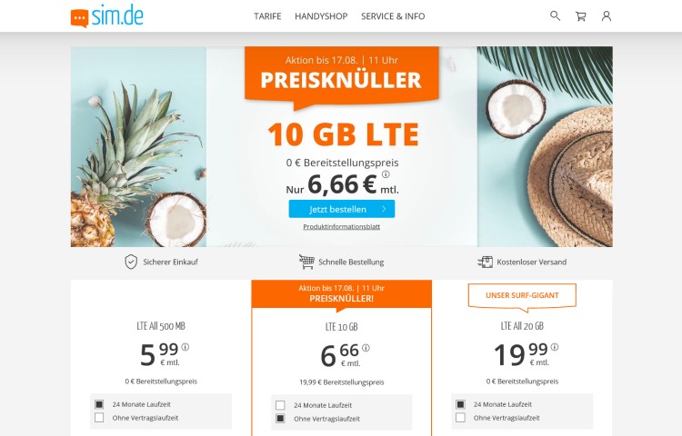 sim.de: LTE 6 GB Tarif für 6,66 Euro