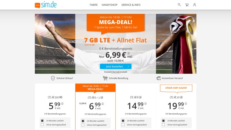 sim.de: Allnet-Flat mit 7 GB LTE Datenvolumen für 6,99 Euro