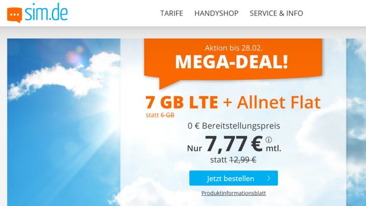 sim.de LTE All 7 GB Tarif für 7,77 Euro