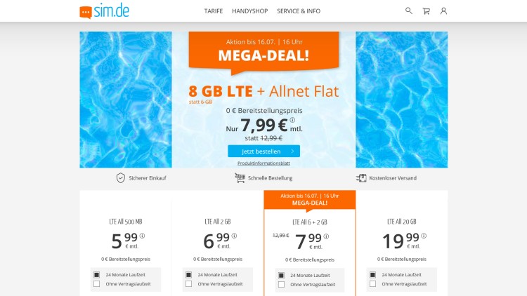 sim.de: Allnet-Flat mit 8 GB LTE Datenvolumen für 7,99 Euro