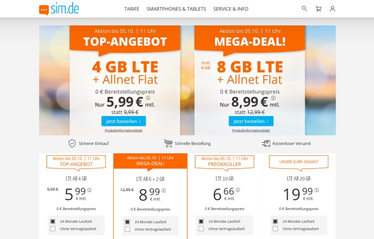 sim.de: 8 GB Allnet-Flat für 8,99 Euro