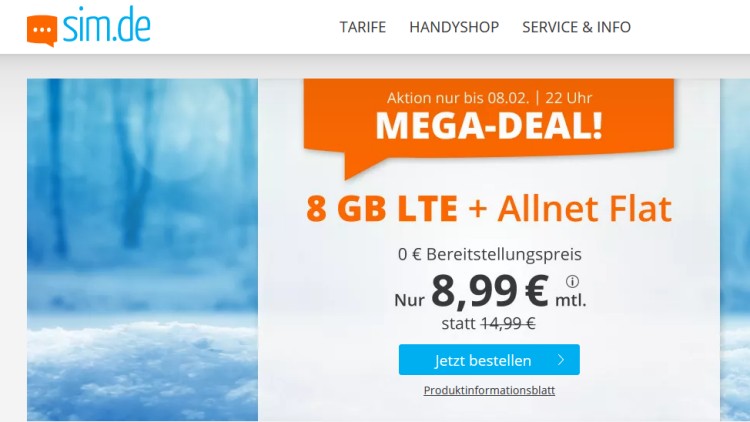 sim.de LTE All 8 GB Tarif für 8,99 Euro