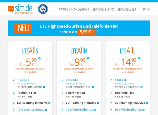 Neue sim.de LTE All Tarife ab 5,99 Euro