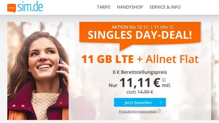 sim.de Singles-Day Tarif mit 11 GB Daten für 11,11 Euro