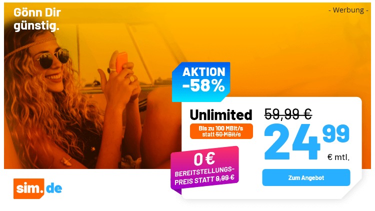 sim.de: Unlimited-Tarif für 24,99 Euro