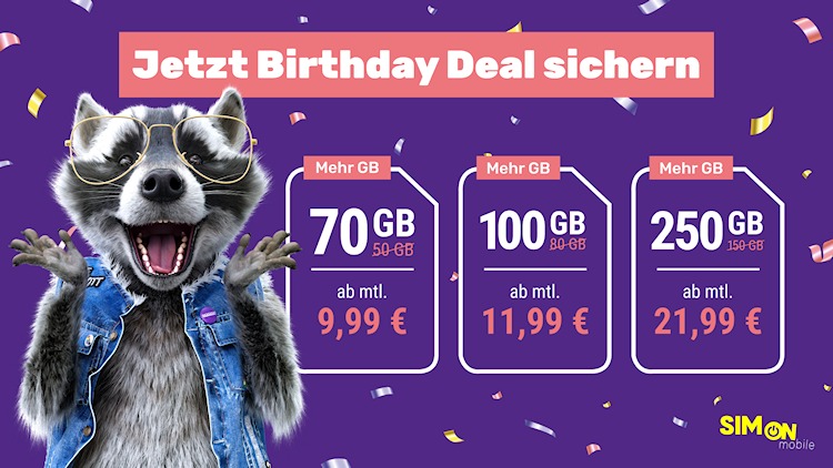 5 Jahre SIMon mobile: Zum Geburtstag gibt es mehr Gigabyte in drei Tarifen (Bild: SIMon mobile) 5 Jahre SIMon mobile: Zum Geburtstag gibt es mehr Gigabyte in drei Tarifen