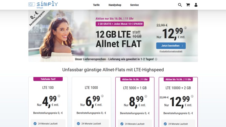 simply LTE 10000 Tarif mit 12 GB für 12,99 Euro (Screenshot: simplytel.de) simply LTE 10000 Tarif mit 12 GB für 12,99 Euro
