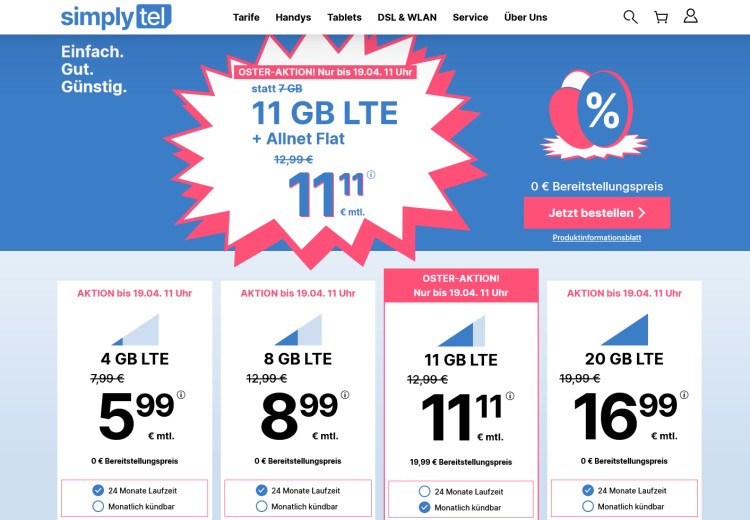 simplytel LTE Tarif mit 11 GB für 11,11 Euro