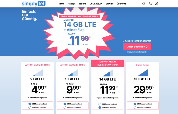 simplytel LTE All Tarif mit 14 GB Datenvolumen für 11,99 Euro (Screenshot: simplytel.de) simplytel LTE All Tarif mit 14 GB Datenvolumen für 11,99 Euro