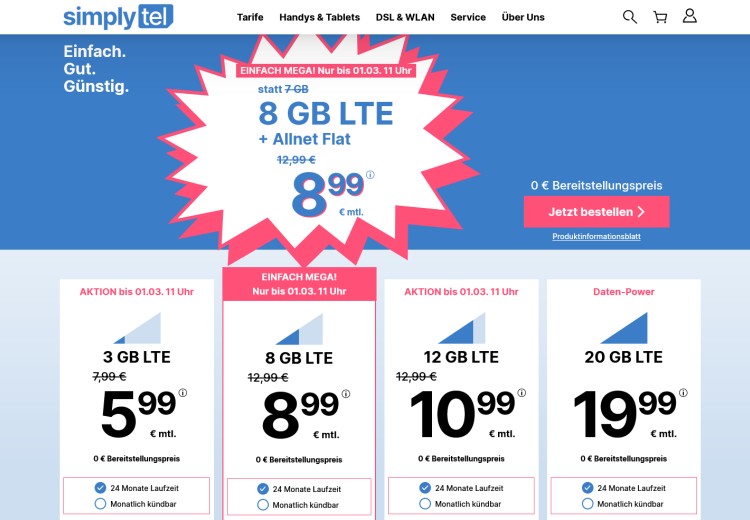 simplytel-Aktion: LTE-Tarif mit 12 GB für 10,99 Euro pro Monat